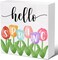 Hello Spring Tulip Wooden Decorative Sign – Charming Home Décor Accent for Desk, Table, or Shelf (5 x 5 Inches)